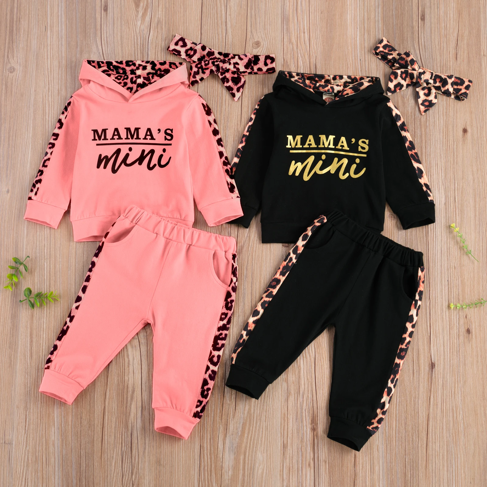 Baby Girls Autumn Winter Clothes Tracksuit Letter Long Sleeve Hoodies Tops and Leopard Stitching Long Pants with Headband 3PCS