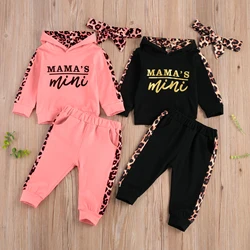 Ropa de otoño e invierno para niñas, chándal con letras, sudaderas con capucha de manga larga, Tops y pantalones largos de costura de leopardo con diadema, 3 uds.