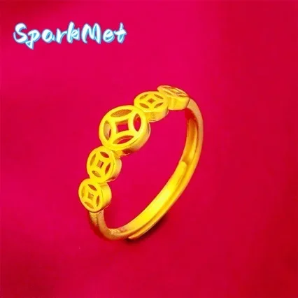

Кольцо Sparkmet Qian Duoduo из чистого золота 9999 пробы (24K), ретро-дизайн, с полым узором в виде монеты, женское кольцо на указательный палец Wangcai