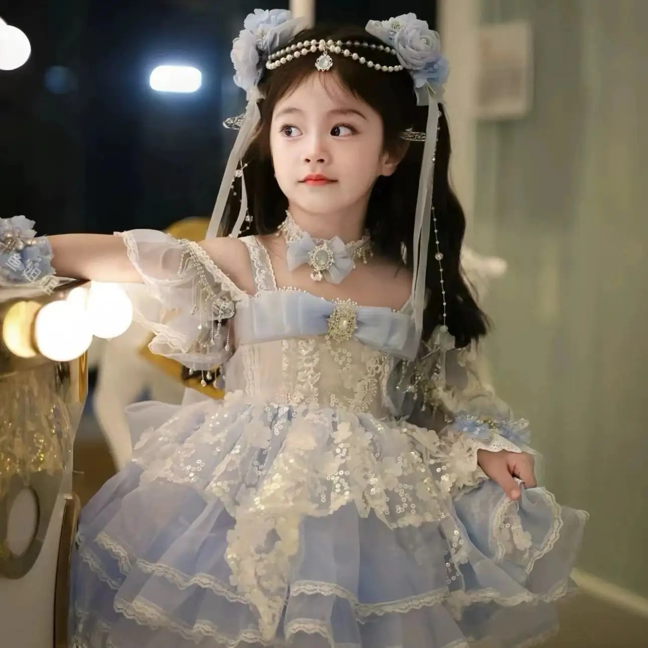 Baby Girls Summer Sweet Lolita Lace Blue Bow Shiny Princess Ball Gown Cake Layed Backless Sundress Birthday Party Clothes