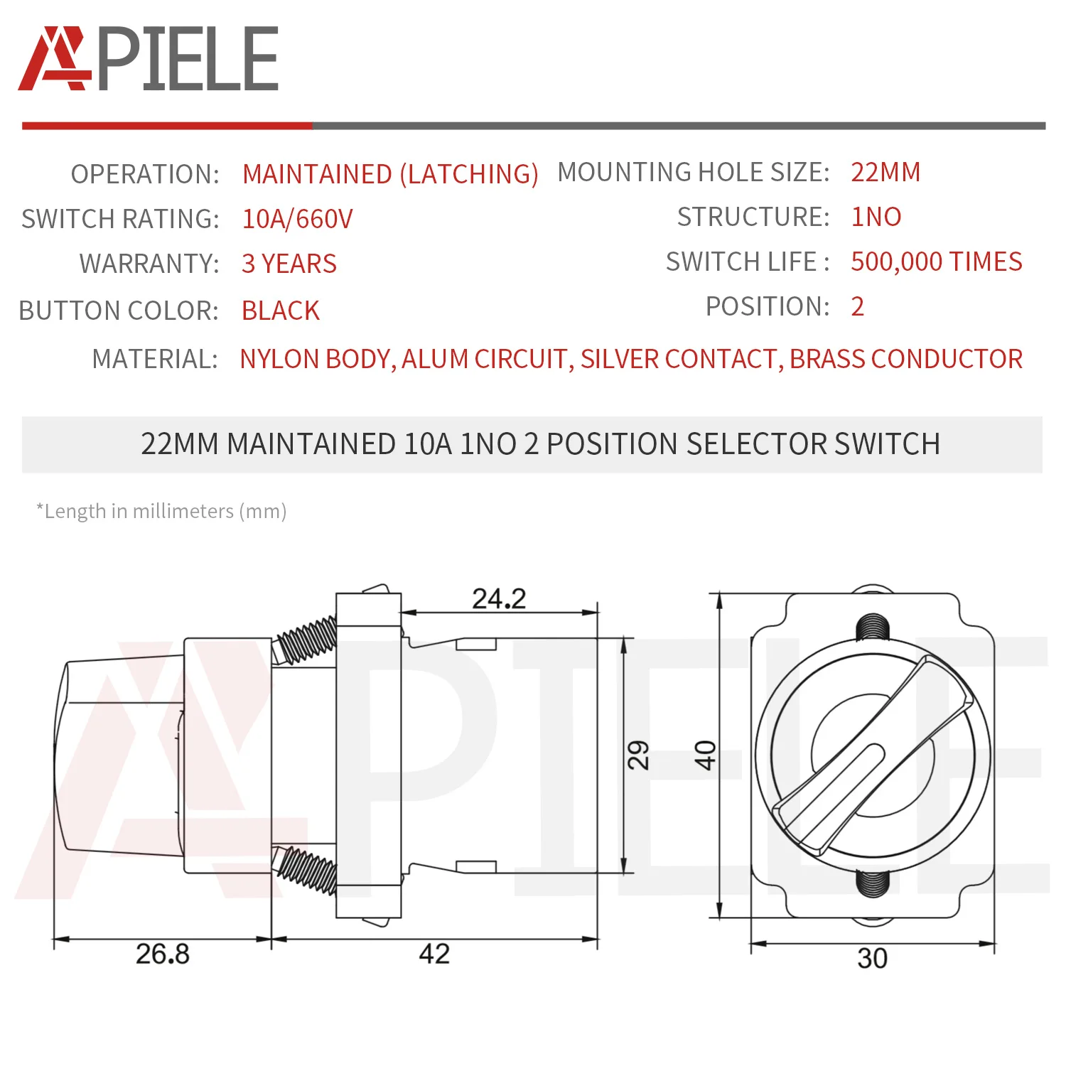 APIELE 22mm 2/3 Position Selector Switch Maintained/Momentary