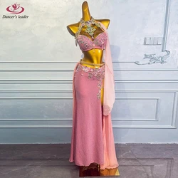 Belly Dance Clothing Rhinestone Women's High-end Custom Pink Bra Cape Long Dress Samba Performance High Flash Dress