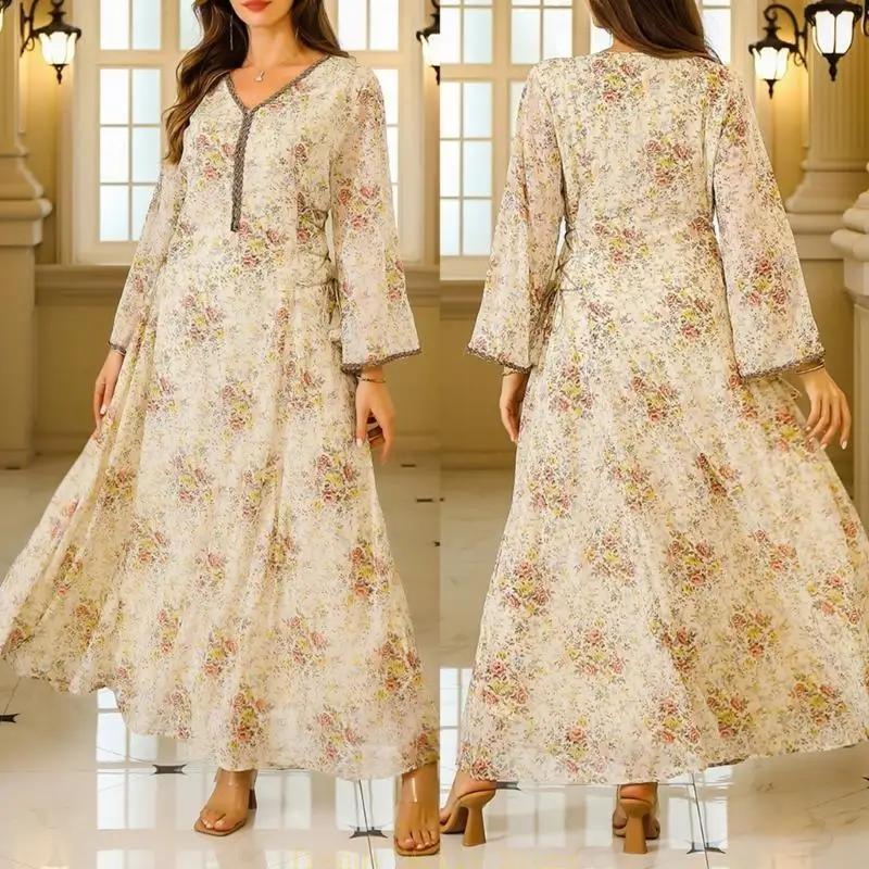 

N5KB Women Muslims Dress Middle East Robe Full Length Dress Flower Print Muslims Thobe Lady Long Sleeves Dress for Party