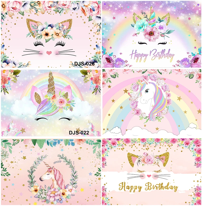 

Pink Cat Unicorn Backdrops Photographic Rainbow Flowers Leaves Cute Lovely Cake Table Birthday Backgrounds Banner Studio Props