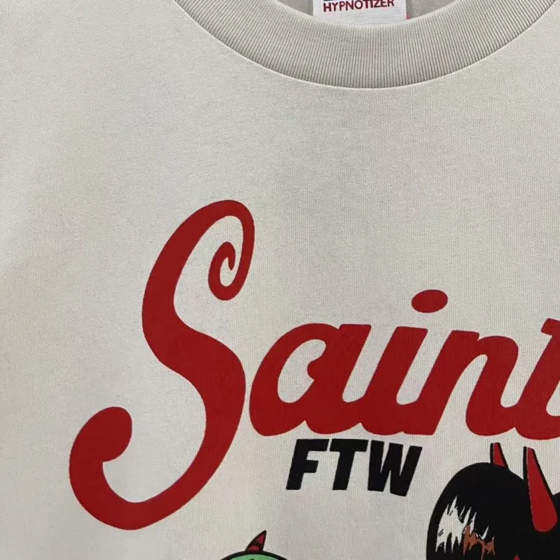 Cartoon Earth Devil Print Saint Tshirts Summer Street Outfit Men Women Cotton Roune Neck Short Sleeve Casual Washed White Tops