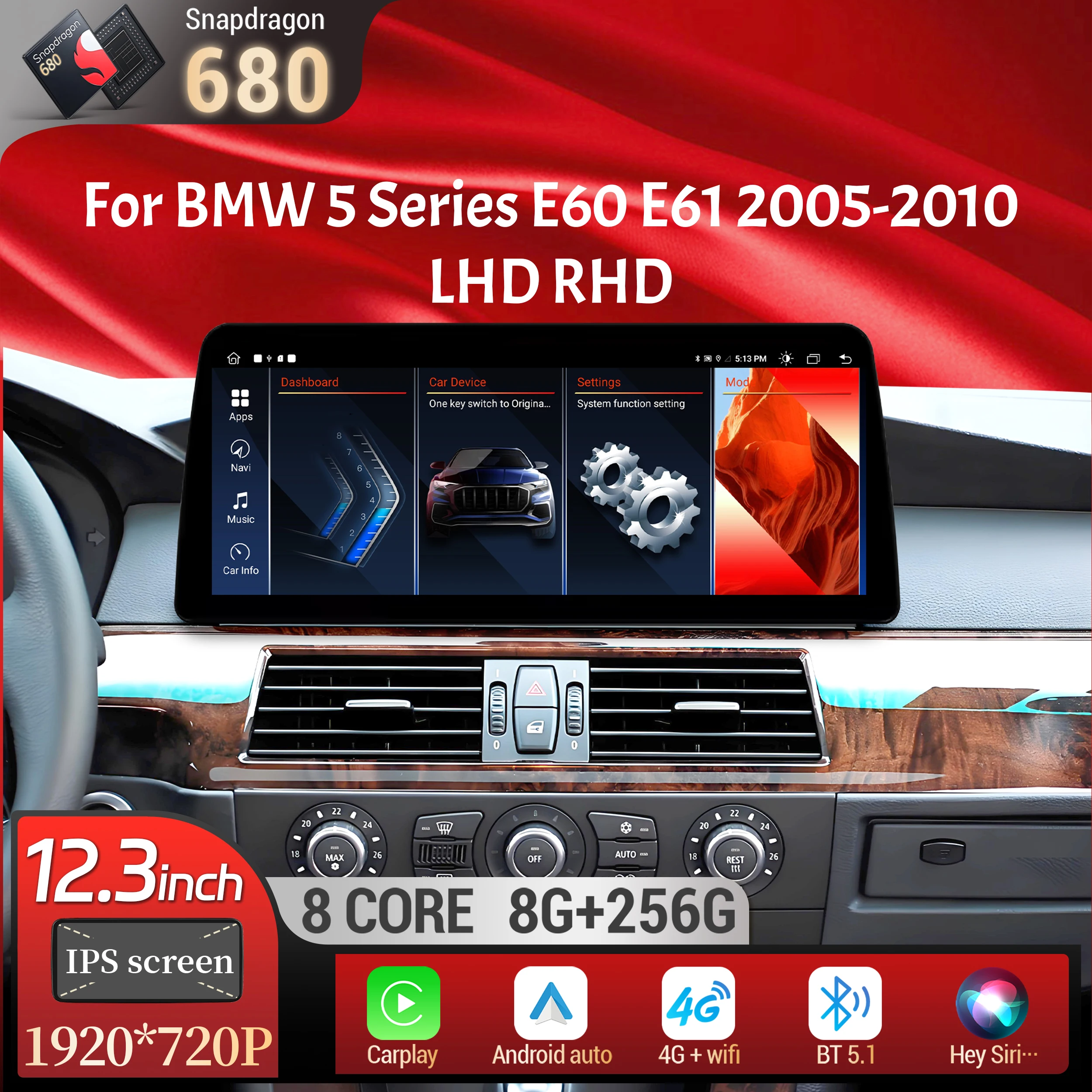 

12.3 inch Android 13 For BMW 5 Series E60 E61 2005-2010 Car Radio 4G Wireless BT Carplay Snapdragon 680 Touch Head Unit Screen