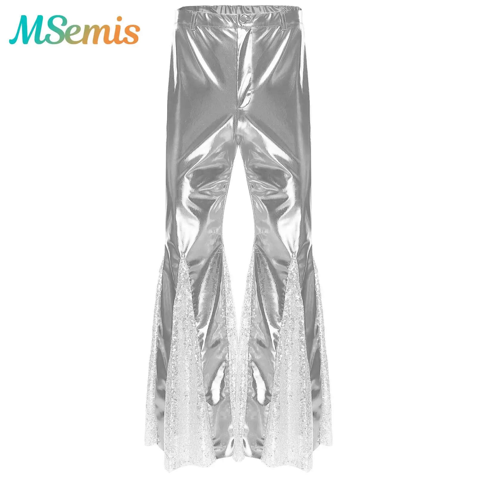 Mens Shiny Metallic 70s Disco Pants Hippie Vintage Costume for Dance Party Sequins Bell Bottoms Stage Performance Flared Pants