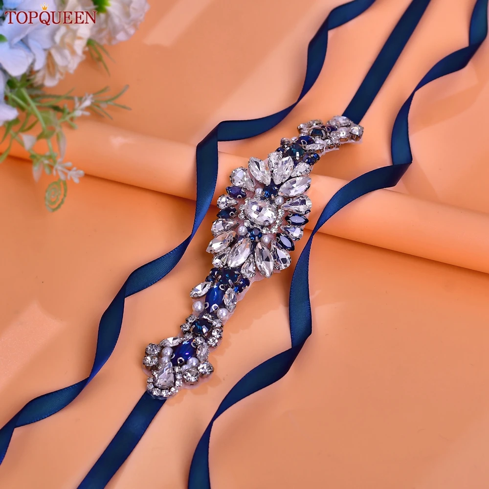 TOPQUEEN Thin Wedding Ribbon Sash Prom Formal Dress Decoration Accessories Hand Sewn Navy Blue Glass Rhinestone Bridal Belt S156