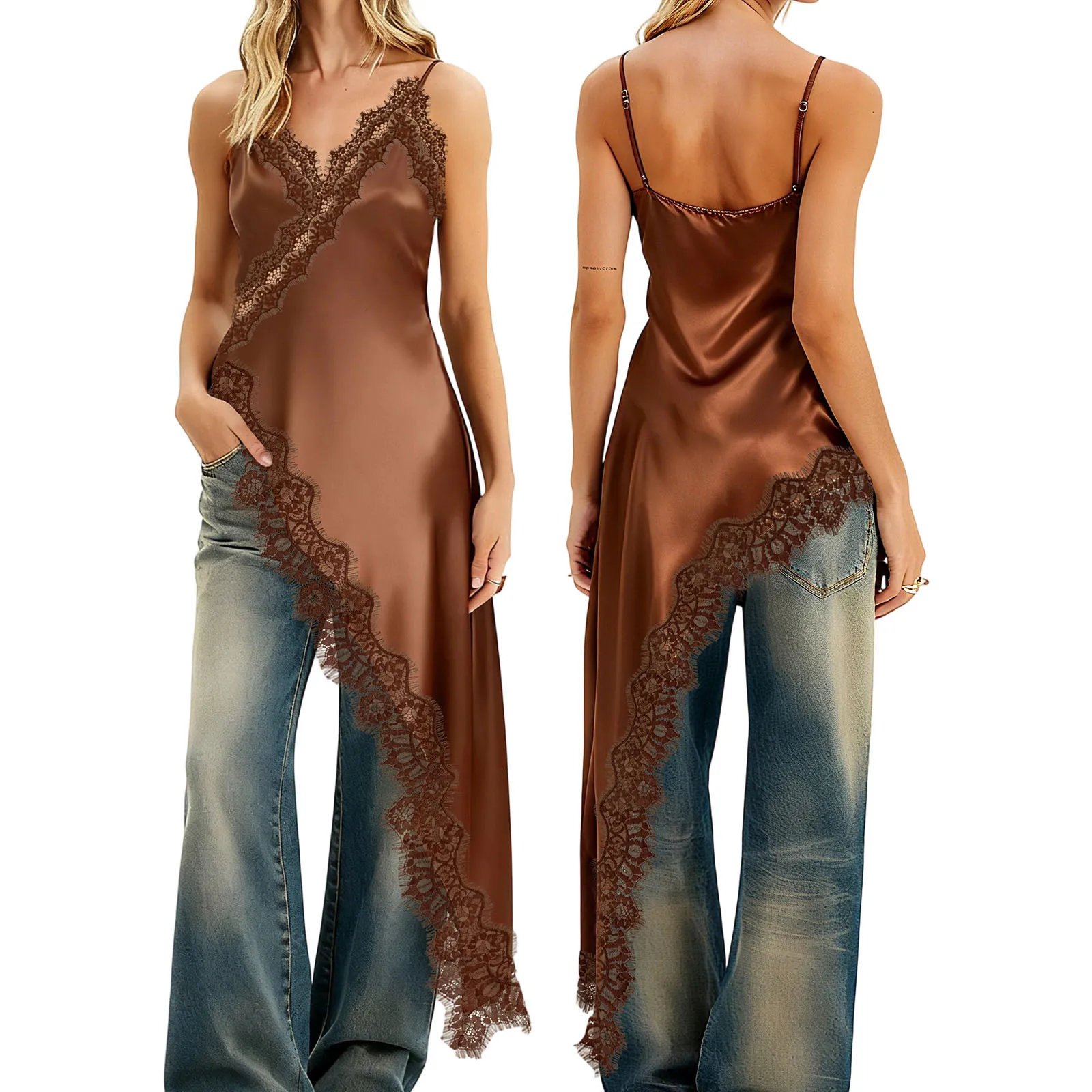 여성 레이스 트림 롱 슬립 캐미솔 보헤미안 실크 새틴 비대칭 V넥 탱크탑 플로우 스파게티 스트랩 레이어링 탑