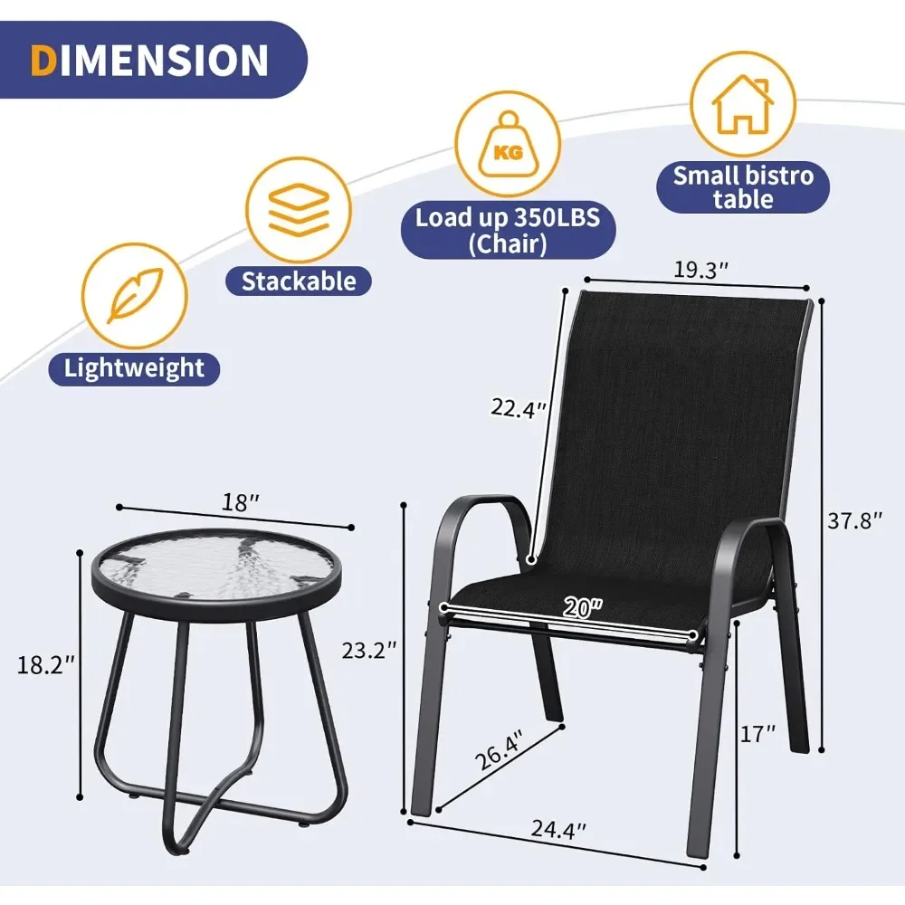 3 Piece Patio Set, Outdoor Stackable Dinging Chairs for All Weather, Breathable Garden Outdoor Furniture for Backyard Deck,Black