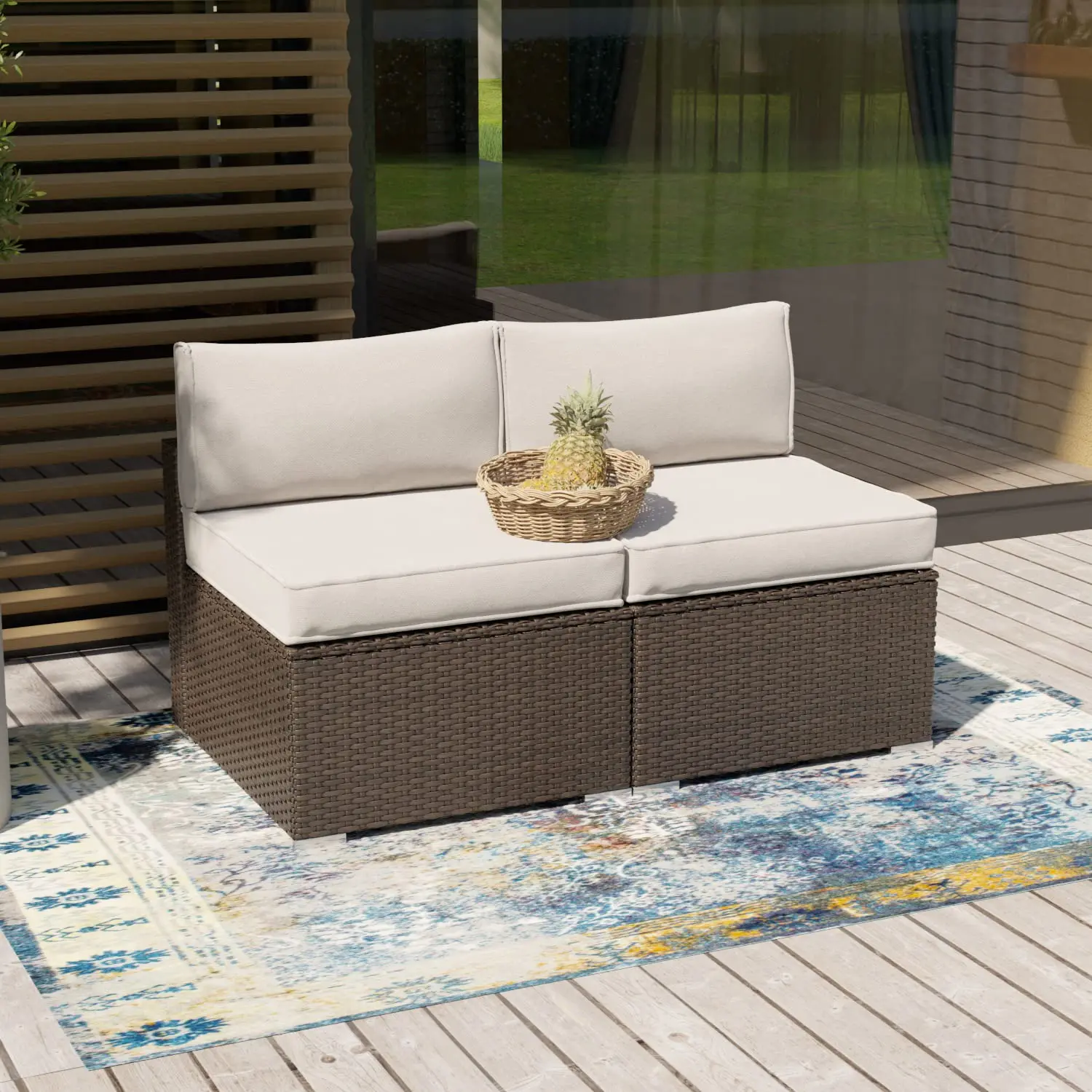 2-Piece Outdoor Sectional Wicker Sofa Off White Cushion Brown Patio Furniture Armless Chair Add-on Single Seat, Customized