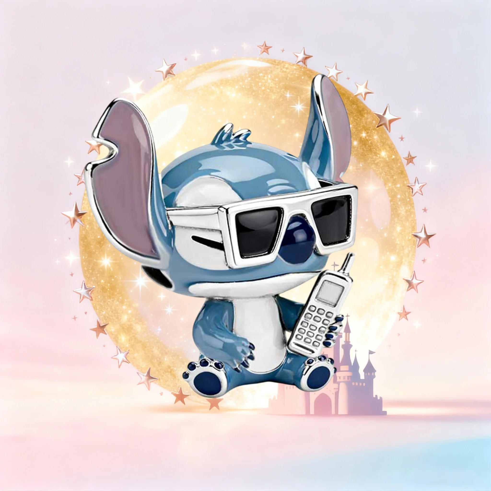 

Disney S925 Silver Stitch with Sunglasses & Retro Phone Dangle Charm Bead Fit Snake Bone Chain Bracelet Fashion Jewelry Gift