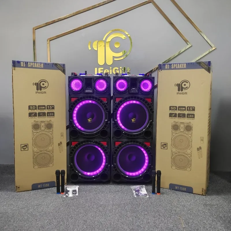 IF-1598-altavoz con ruedas, dispositivo con Control remoto, doble pantalla de 15 pulgadas, TWS, 120w, Boombox, venta al por mayor