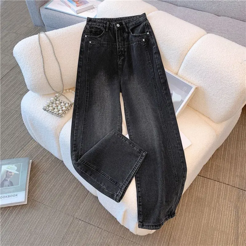 امرأة عالية الخصر فضفاضة واسعة الساق الجينز صديقها مستقيم الساق السراويل الإناث رمادي أسود سراويل جينز الخريف الشتاء أفخم الجينز