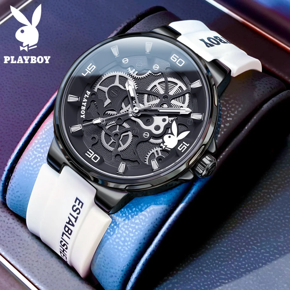 

PLAYBOY Лидер продаж, модные трендовые кварцевые часы для мужчин, высококачественный силиконовый ремешок, водонепроницаемые деловые мужские часы со скелетом