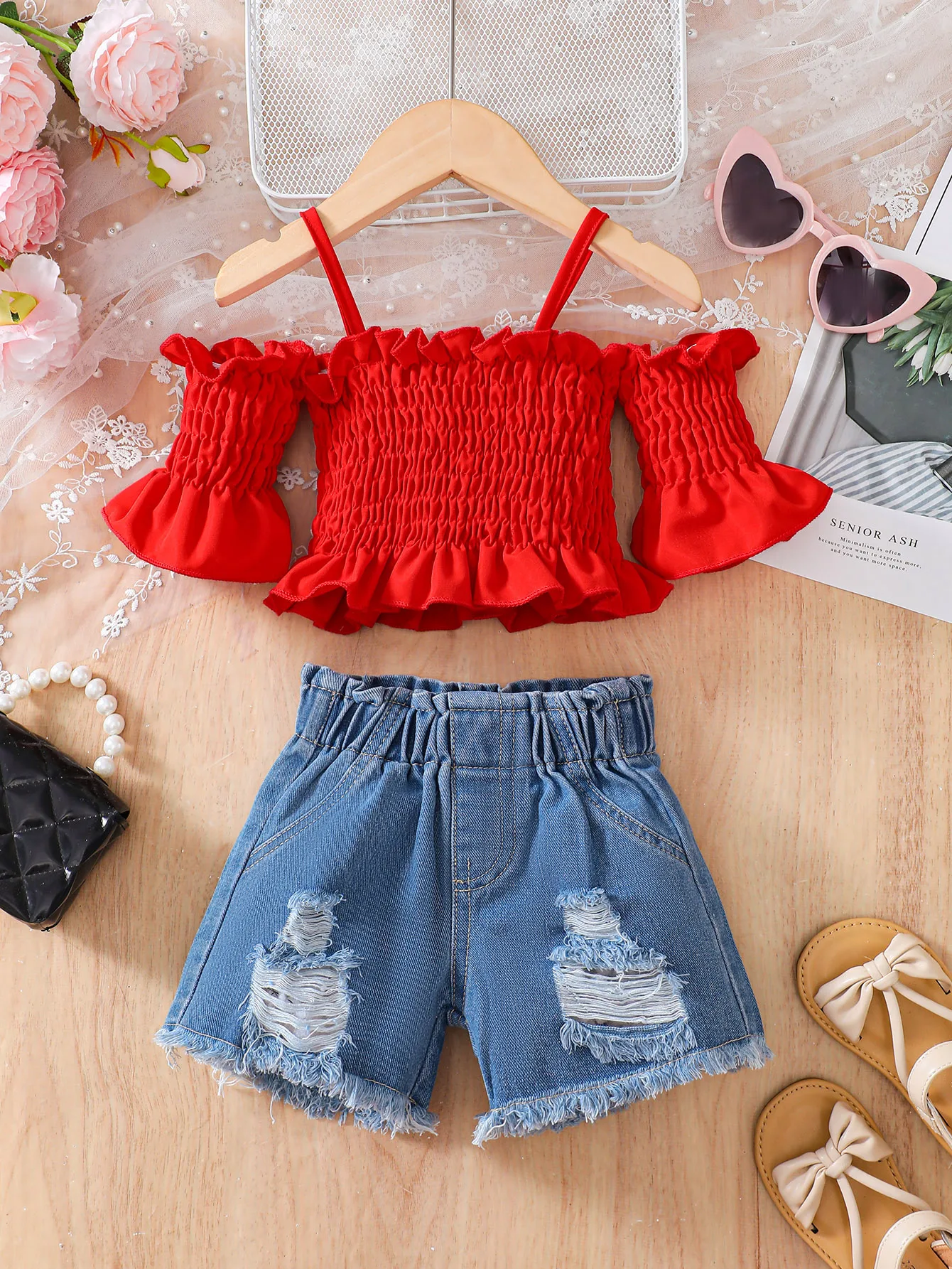 Fashionable Baby Girls\' Summer Holiday Solid Color Camisole & Off Shoulder Top And Distressed Pocket Denim Shorts Set