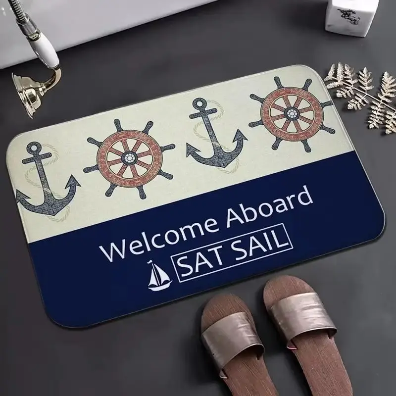 VIKAMA Navy Anchor Welcome On Board Bath Mat Non Slip Quick Dry Nautical Floor Mat For Bathroom Shower Entry Home Decor