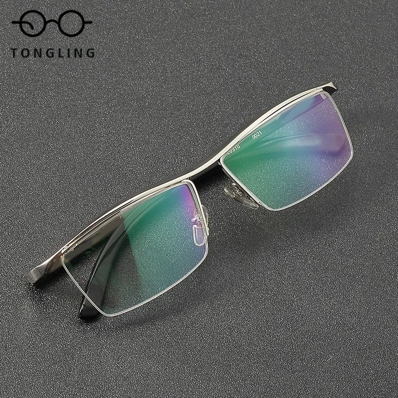 New fashionable highend bull horn leg men halfframe pure titanium business casual spectacle supports custom prescription glasses