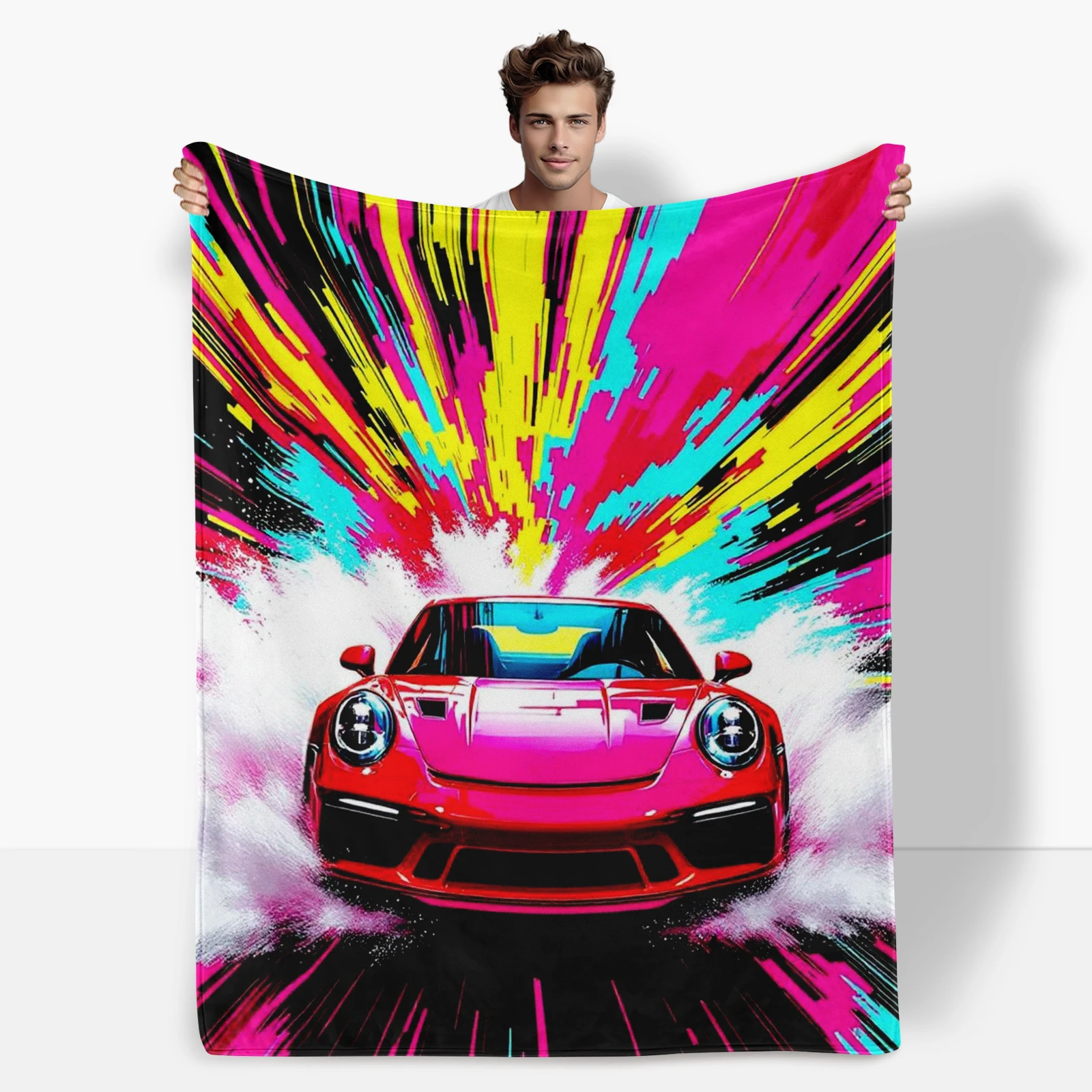 Featuring A Purple Vehicle On A Vibrant Geometric Background This Blanket Brings Style Home