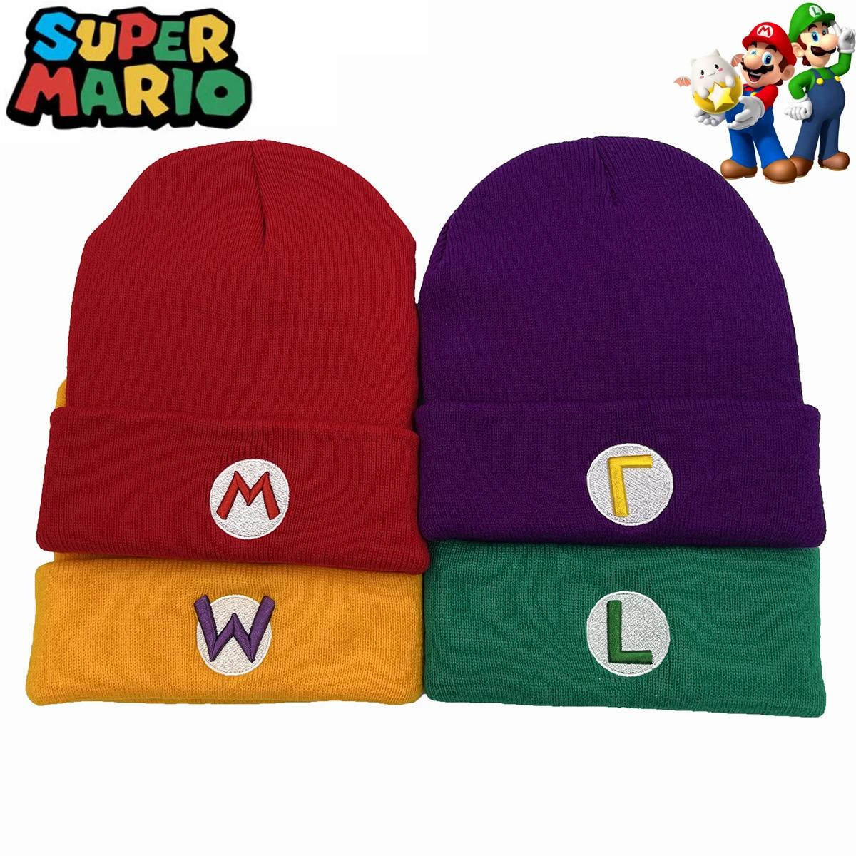 Game Super Mario Bros Luigi Cosplay Hats Wario Waluigi Knitted Cap Cartoon Warm Ear Headgear Halloween Party Props Accessories