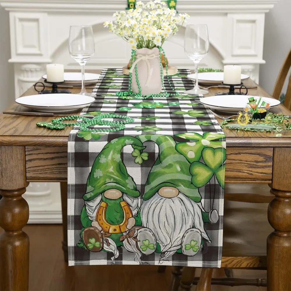 St Patricks Day Table Runner,Lucky Shamrock Seasonal Spring Holiday Table Decorations for Indoor Outdoor Dining Table Decor