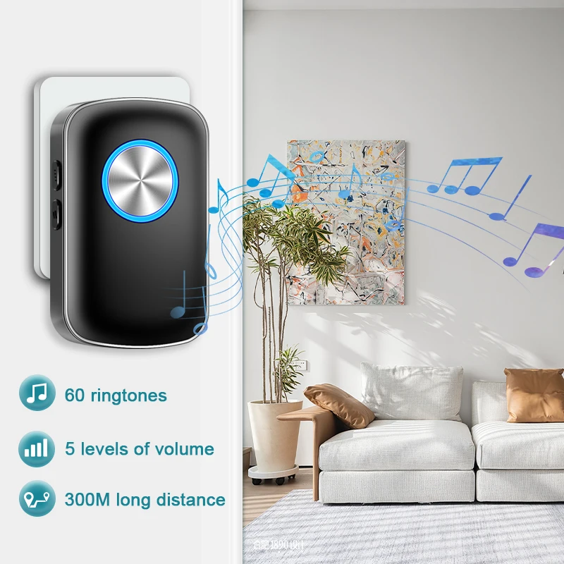 Wireless Doorbell Samrt Home Welcome Door Bell US EU Plug 300M Range 60 Melody 5 Level Volume Door Chime Kit with LED Light