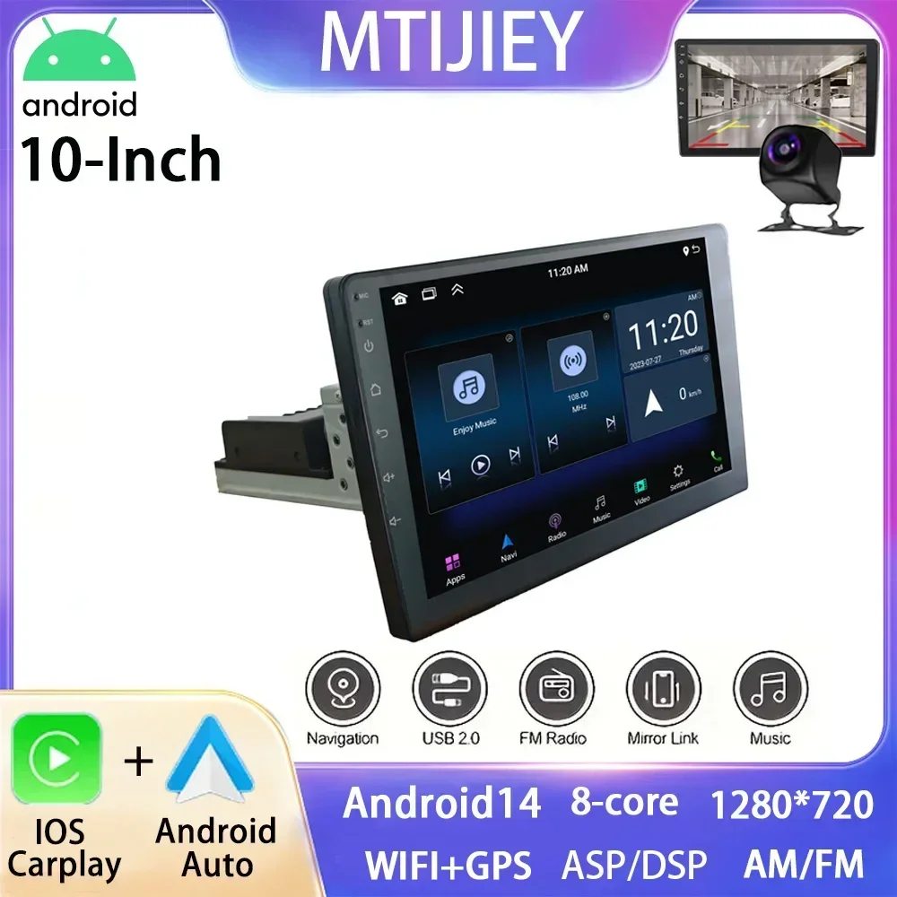 

This is a 1 din Android 14 10 - inch car radio universal touchscreen in-car device with GPS , CarPlay, WIFI and Bluetooth.