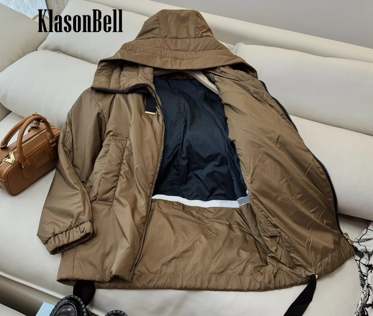 8.28 KlasonBell-Women Camel Hair Parkas Hooded Lace-up Long Sleeve Loose Double Zipper Keep Warm Mid-Length Outerwear