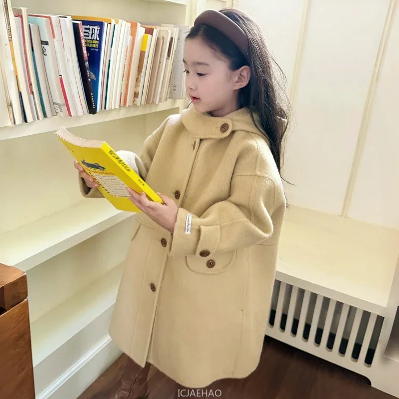 

Teen Girl Clothes 2025 Children Wool Double Faced Girls Handmade Winter Outerwear Costume Winter Yellow Hooded Coat Korean Style