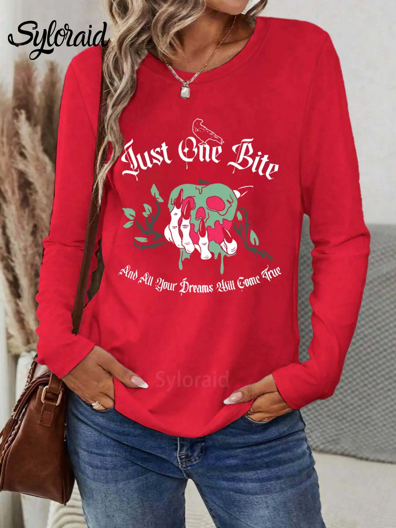 Damen Langarm T-Shirt Poison Apple Just One Bite T-Shirt Mode Rundhals Casual Top