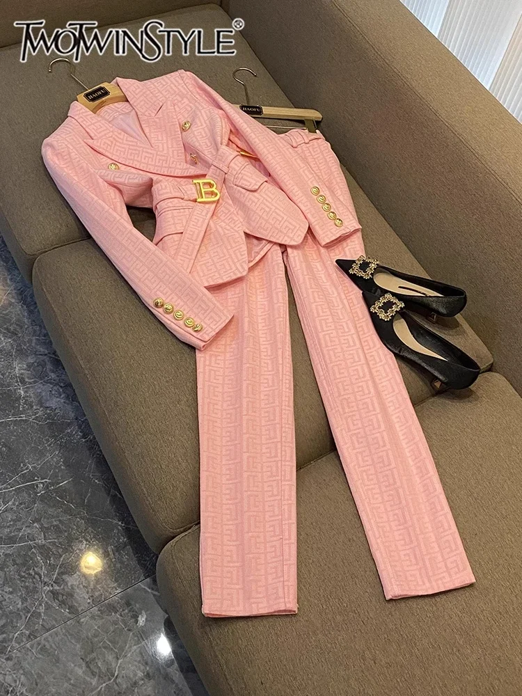 

TWOTWINSTYLE High Street Two Piece Set For Women Notched Collar Long Sleeve Coats High Waist Straight Pant Set Female KSE524947