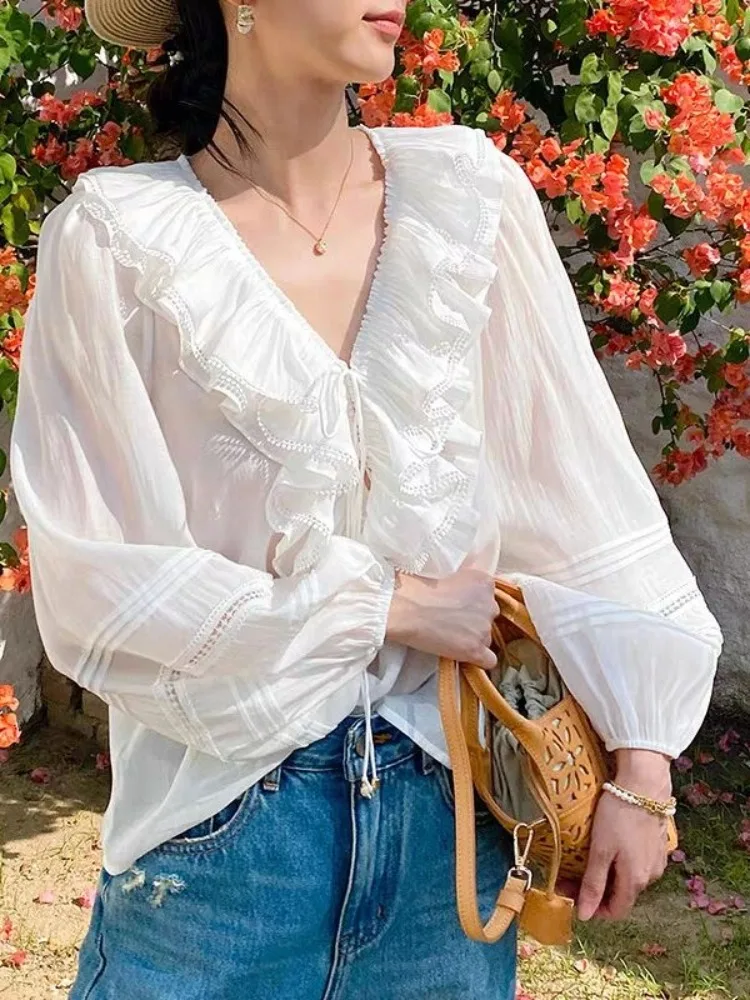 Blusa feminina manga comprida solta fita gravata com decote em v camisa top com alças detalhes para passeios casuais uso diário elegante estilo chique