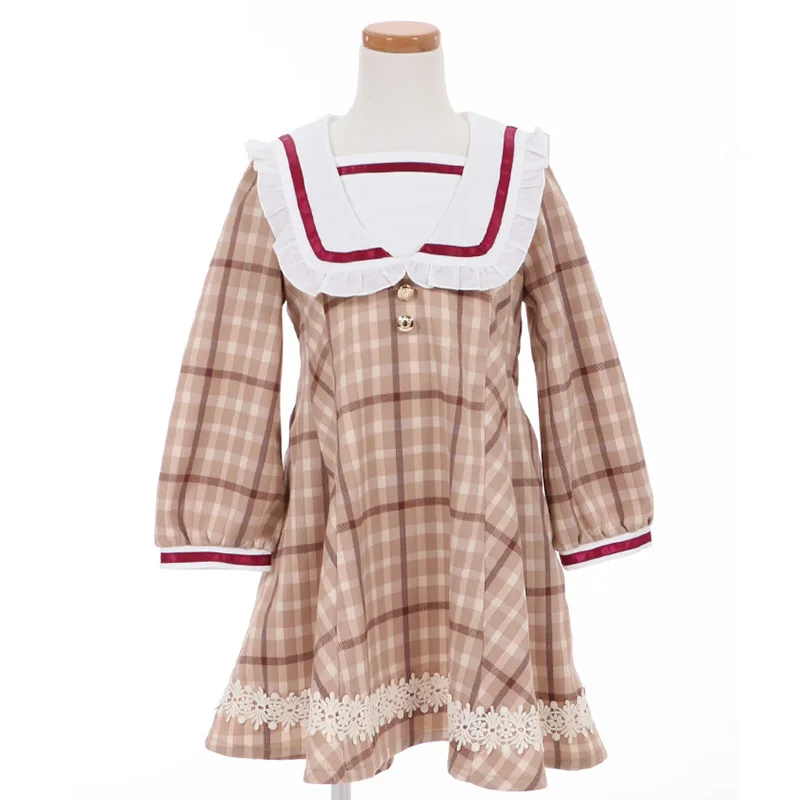 

Axes Femme Kids College Sle Plaid Long Sve Dr Lace Splice Turn-down Collar A-line Skirt Sweet Japanese Sle Winter D...
