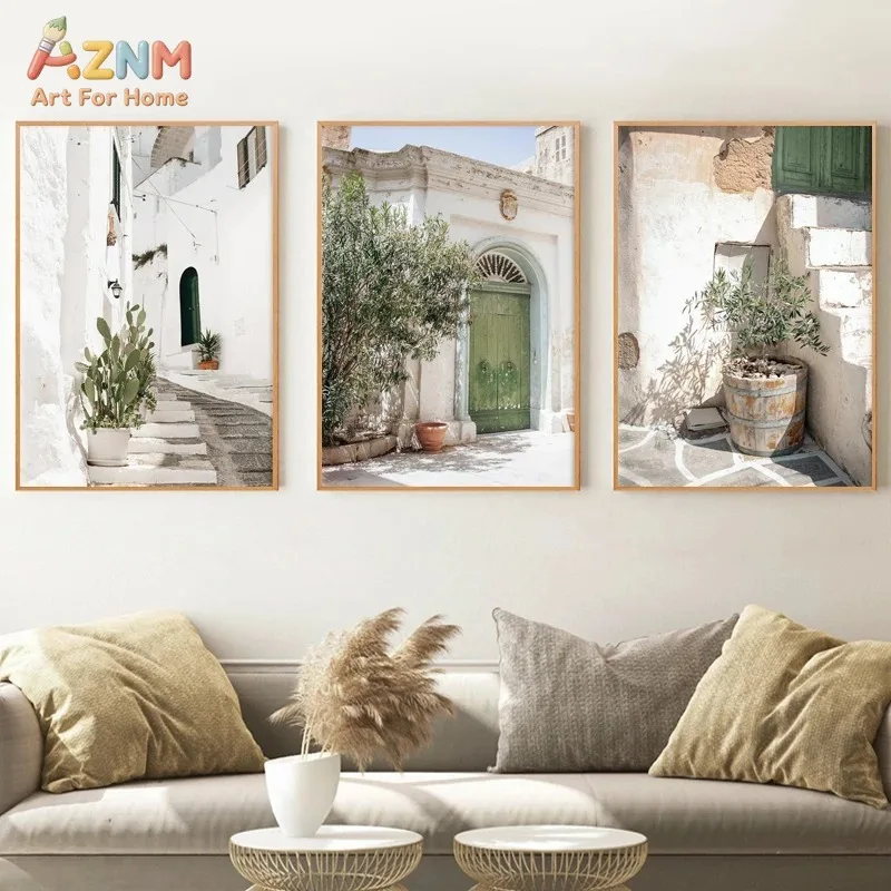 Neutral Mediterranean Village Canvas Print White Stone House Olive Tree Poster Wabi Sabi Landscape Home Wall Decoration