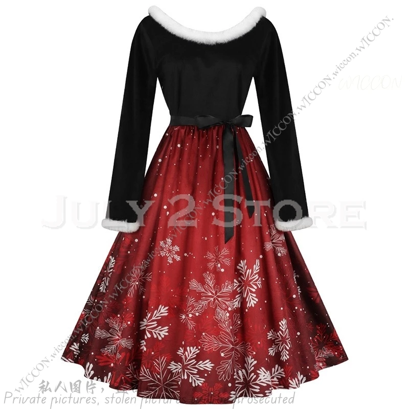 2024 New Christmas Theme Printed Red Dress New Year Performance Stage Activity Dress Masquerade Festivals Woman Christmas Dress