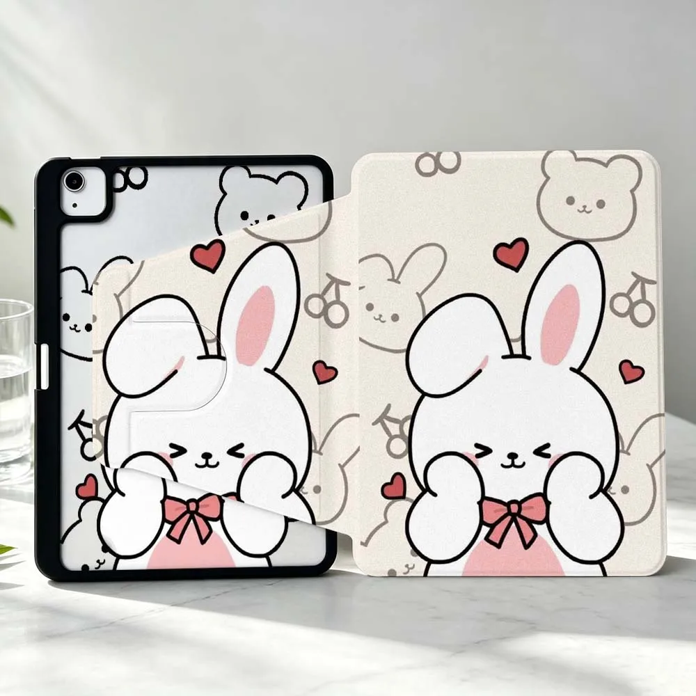 만화 토끼 디자인 iPad Pro Air mini 6 5 4 12세대 M5 M4 M3 M2 A16 A17Pro 360 ° 회전식 스타일러스 수납 태블릿 케이스