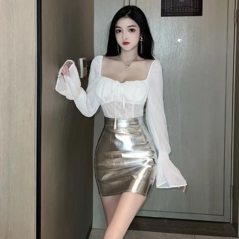 Women\'s Two Piece Set Midi Skirt Sexy Female Outfits Mature Sequin Long Sleeve Slim Fit Night Club Co Ord Top and Bottom Vintage