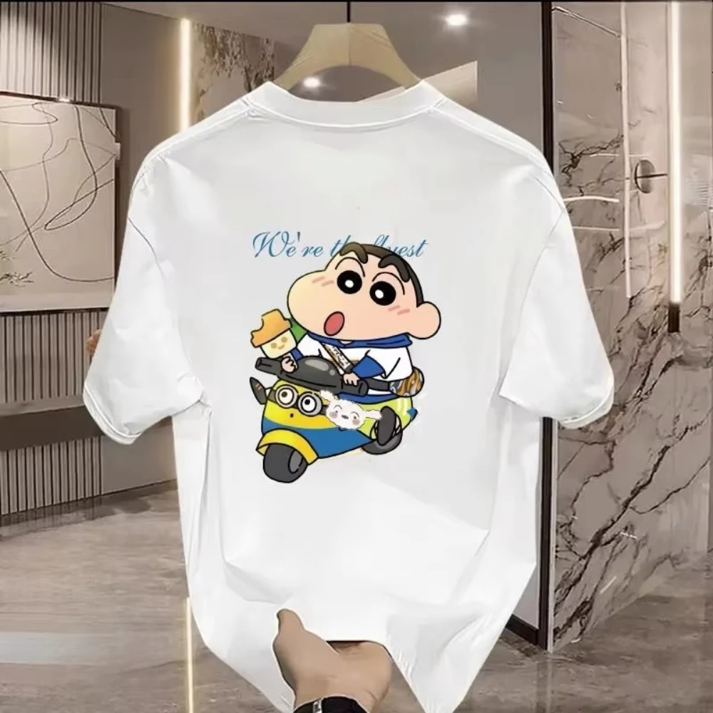 

MINISO Moto Print CRAyon SMALL NEW Short Sleeve 2025 Male T-shirt Cartoon Summer New Loose Couple T-shirt Tops for Men and Women