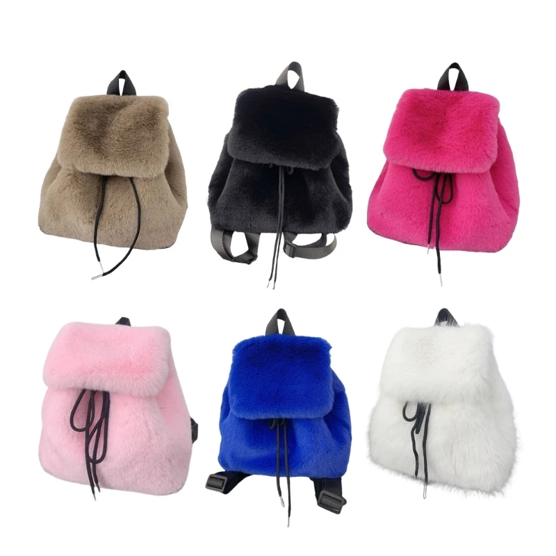Furry Small Backpack with Drawstring Closures Covers Shoulder Bag Fashionable Winter Plush School Bag for Women E74B