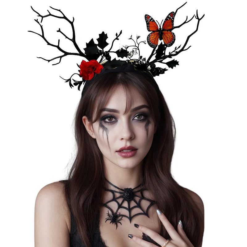 Diademas de Halloween para mujer y niña, diademas góticas de Rama, flor, mariposa, serie oscura, accesorios para el cabello