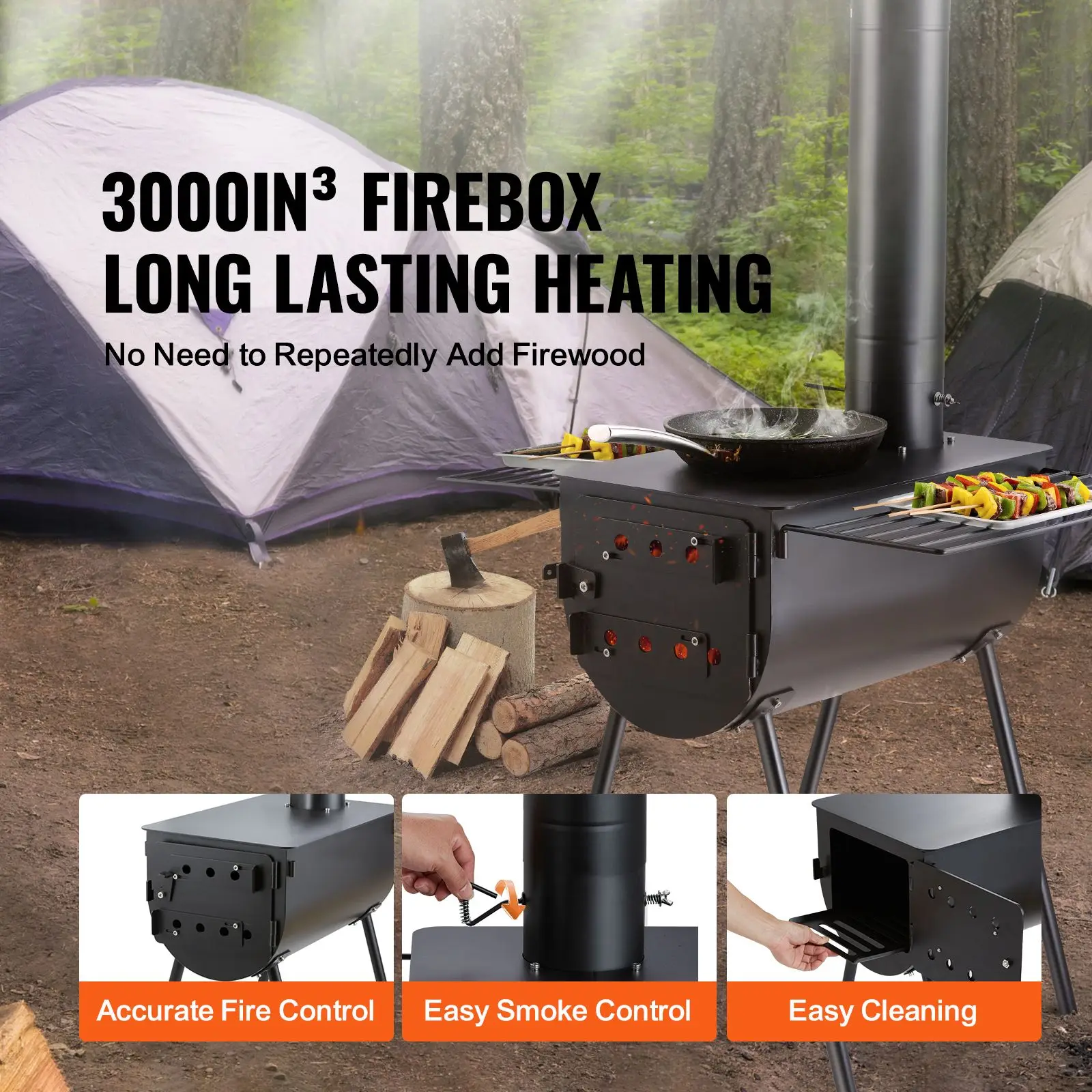 Wood Stove, 118 inch, Alloy Steel Camping Tent Stove, Portable Wood Burning Stove with Chimney Pipes & Gloves, 3000in³Firebox Hot Tent Stove for Outdoor Cooking and Heating with 8 Pipes