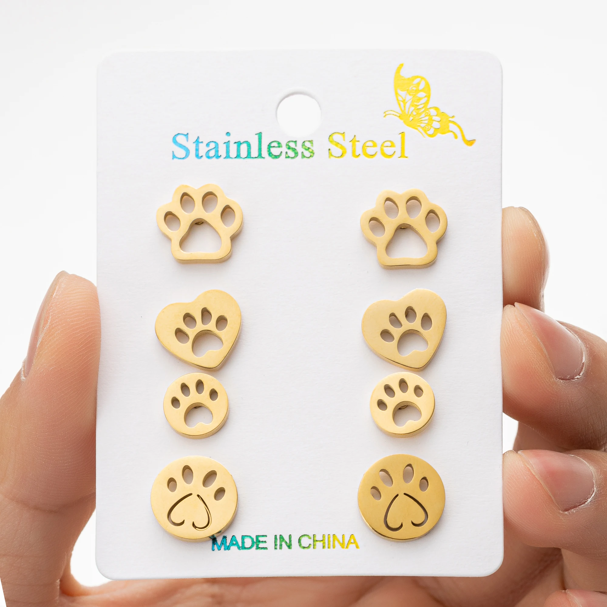 أقراط مرصعة بطبعات لمخلب الكلاب للفتيات ، حيوانات أليفة جميلة ، بصمة حيوان ، فولاذ مقاوم للصدأ ، جودة عالية ، 4 أزواج لكل مجموعة #2