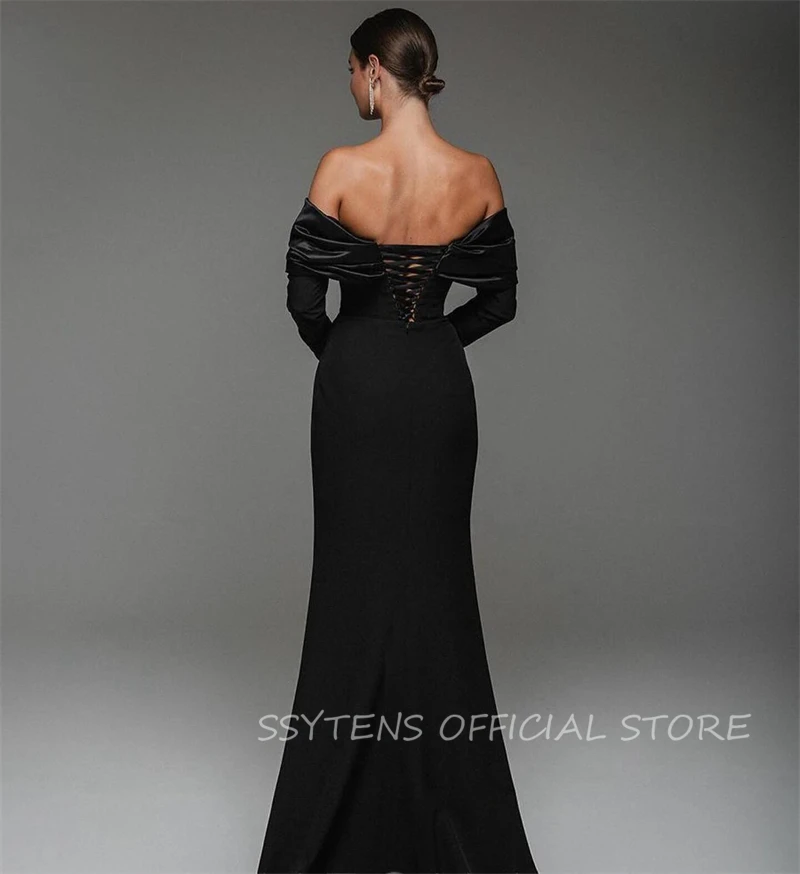 Modern Black Prom Dresses Mermaid Stain Off Shoulder Lace Up Back Full Sleeves Long Evening Dresses Arabische Sexy Abendkleider