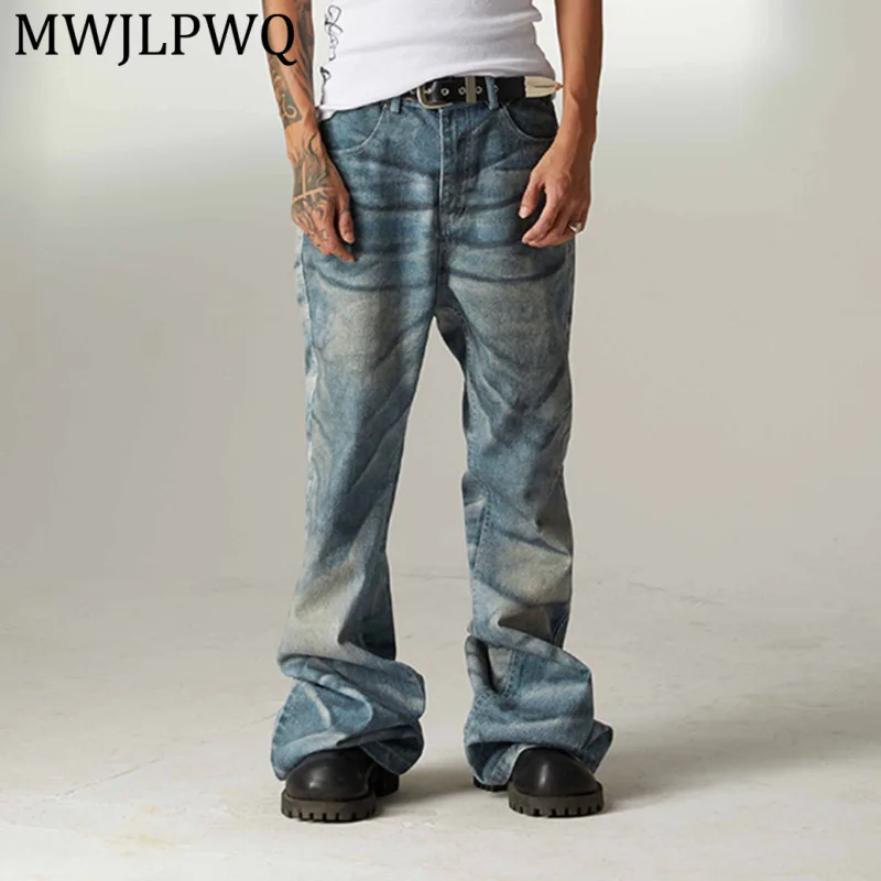 

MWJLPWQ Wear 2026 New American Denim Jeans Men's Trend High Street RO Style Heavy Washed Slightly Flared Wide-Leg Trousers 13607