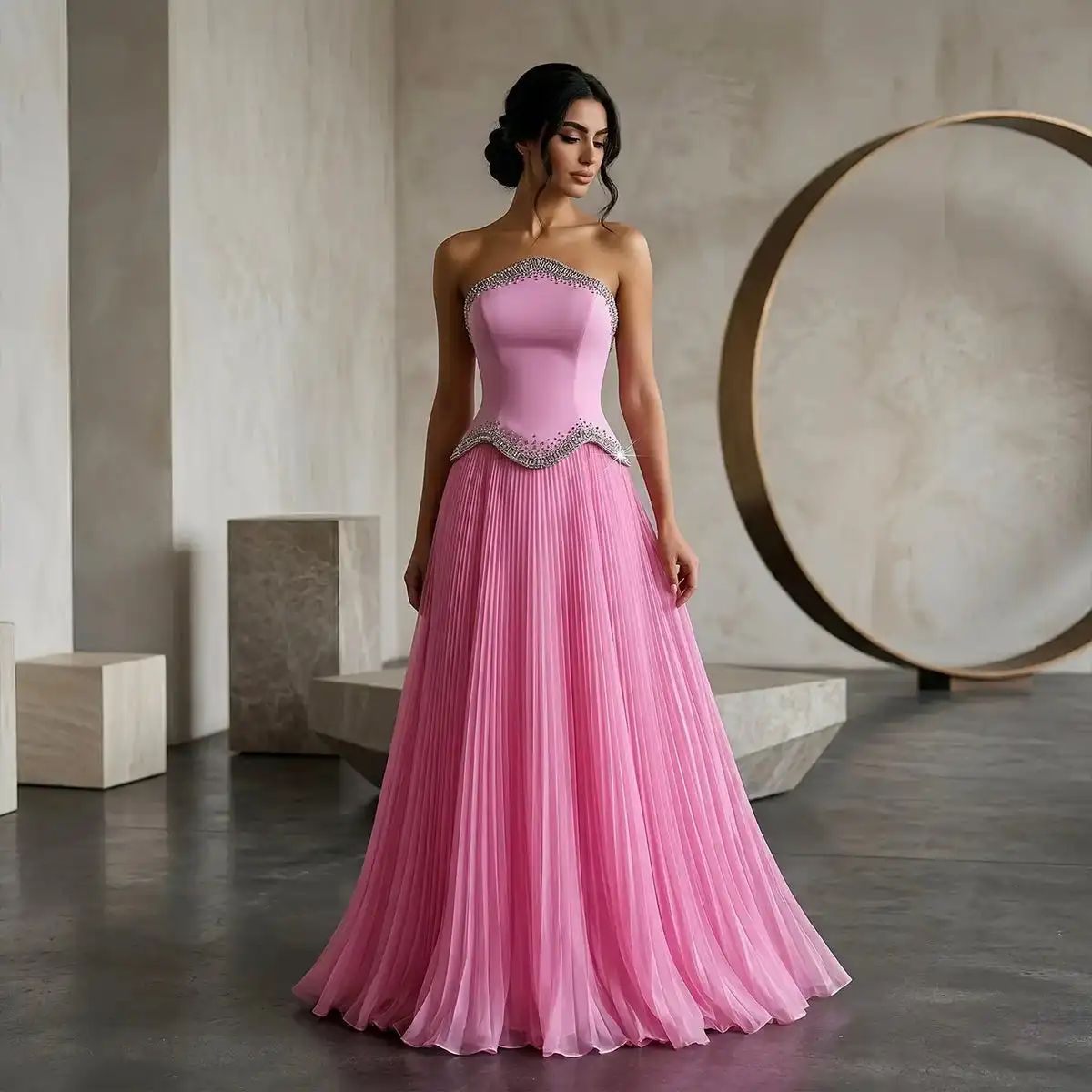 Elegant Strapless Beaded Edge Evening Dresses High Waist Peplum Pleated Chiffon A Line Long Prom Dresses Banquet Birthday Pagean