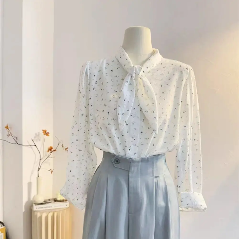 

Fashion Sweet Blouses for Women Light Blue Bow Tie Long Sleeve Shirts Loose Thin Floral Baggy Shirts Ladies