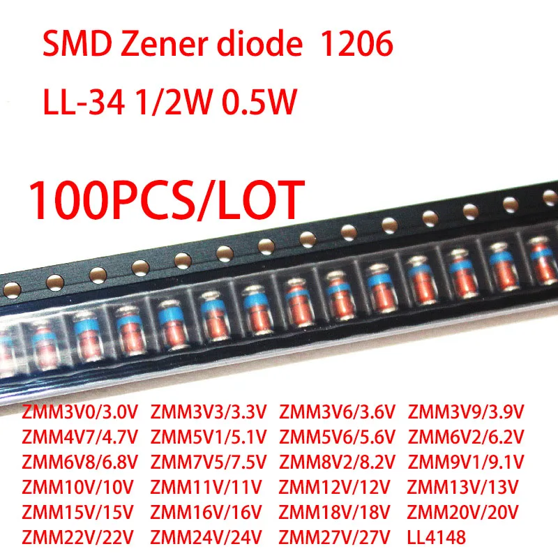 100PCS/LOT SMD Zener diode LL34 0.5W LL4148 ZMM3V3 ZMM4V7 ZMM5V1 ZMM12V ZMM15V ZMM24V 3V 3.6V 6.2V 6.8V 7.5V 9.1V 18V 20V 22V