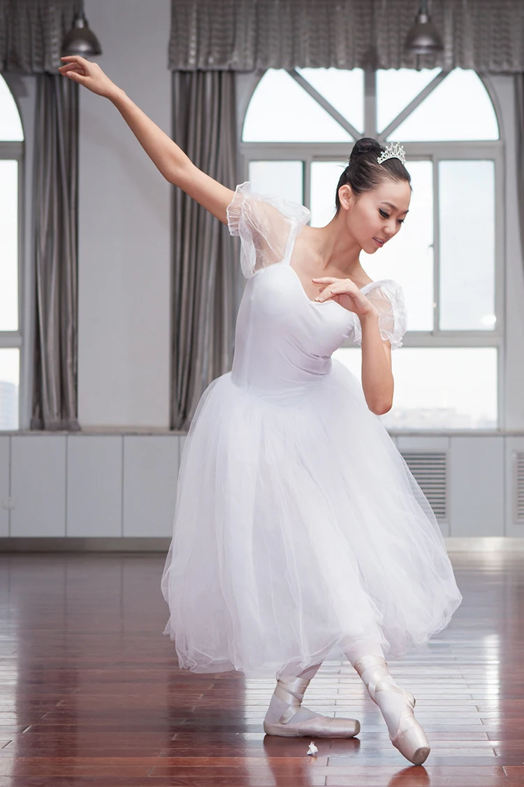 Adult Professional Ballet Dance Performance Costume White Puff Sleeve Long Ballet Dress Girls Modern Dance Ballerinas Women