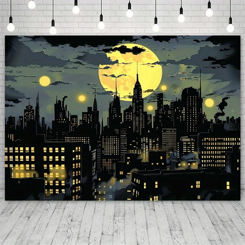Superhero City Skyline مع خلفية الخفافيش - لافتة حفلات من البوليستر اللامع، مناسبة للتصوير الفوتوغرافي وأعياد الميلاد والمناسبات #4