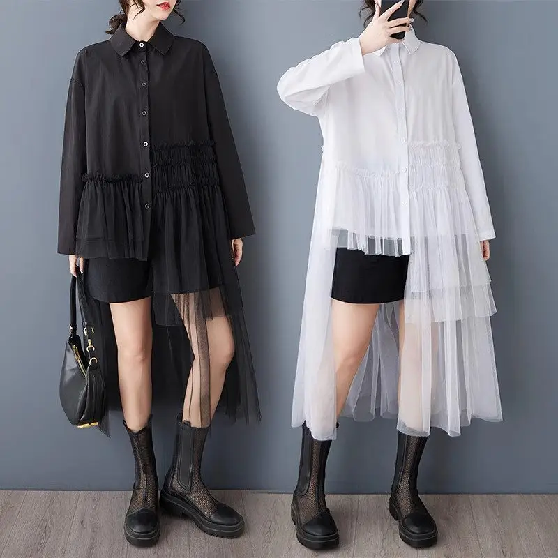 

Женская роскошная рубашка нестандартной формы большого размера - весна-лето, свободная сетчатая плиссированная туника, длинная блузка, куртка, топ G195